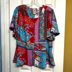 CHICO'S Patchwork Blouse Top Size 1 Us Size Medium 8 Bell Sleeves Floral Paisley